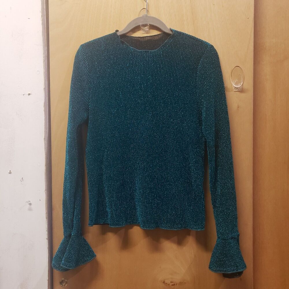 SHEIN Teal Flare Sleeve Glitter Tee Sz XL SHOULDER-HEM 22.5" PIT-PIT 18" VVV